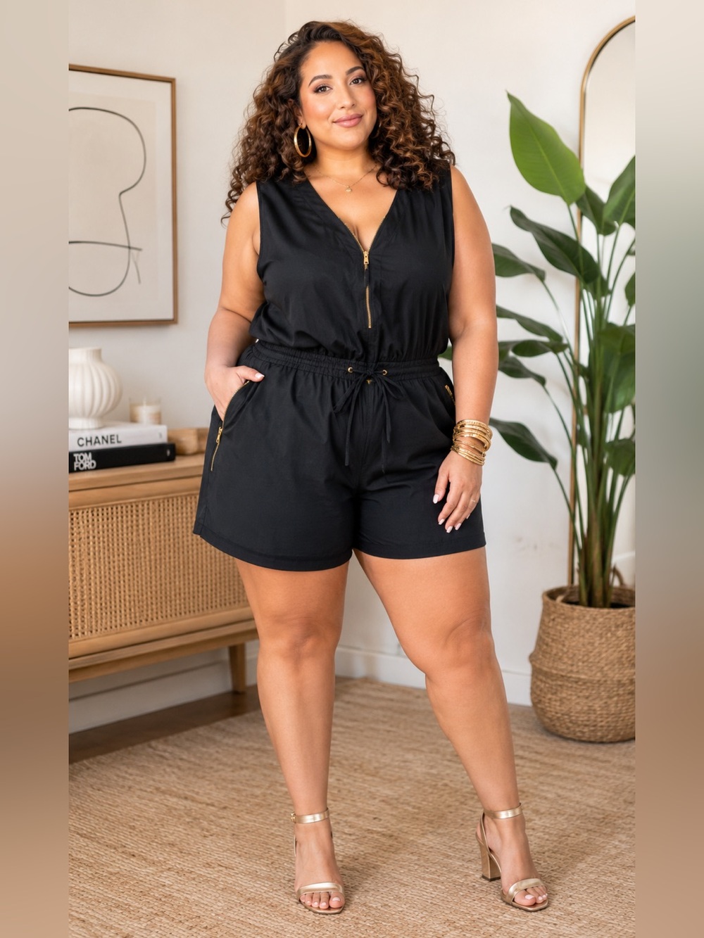 Ashley Stewart Black Sleeveless Zip-Front Drawstring Romper